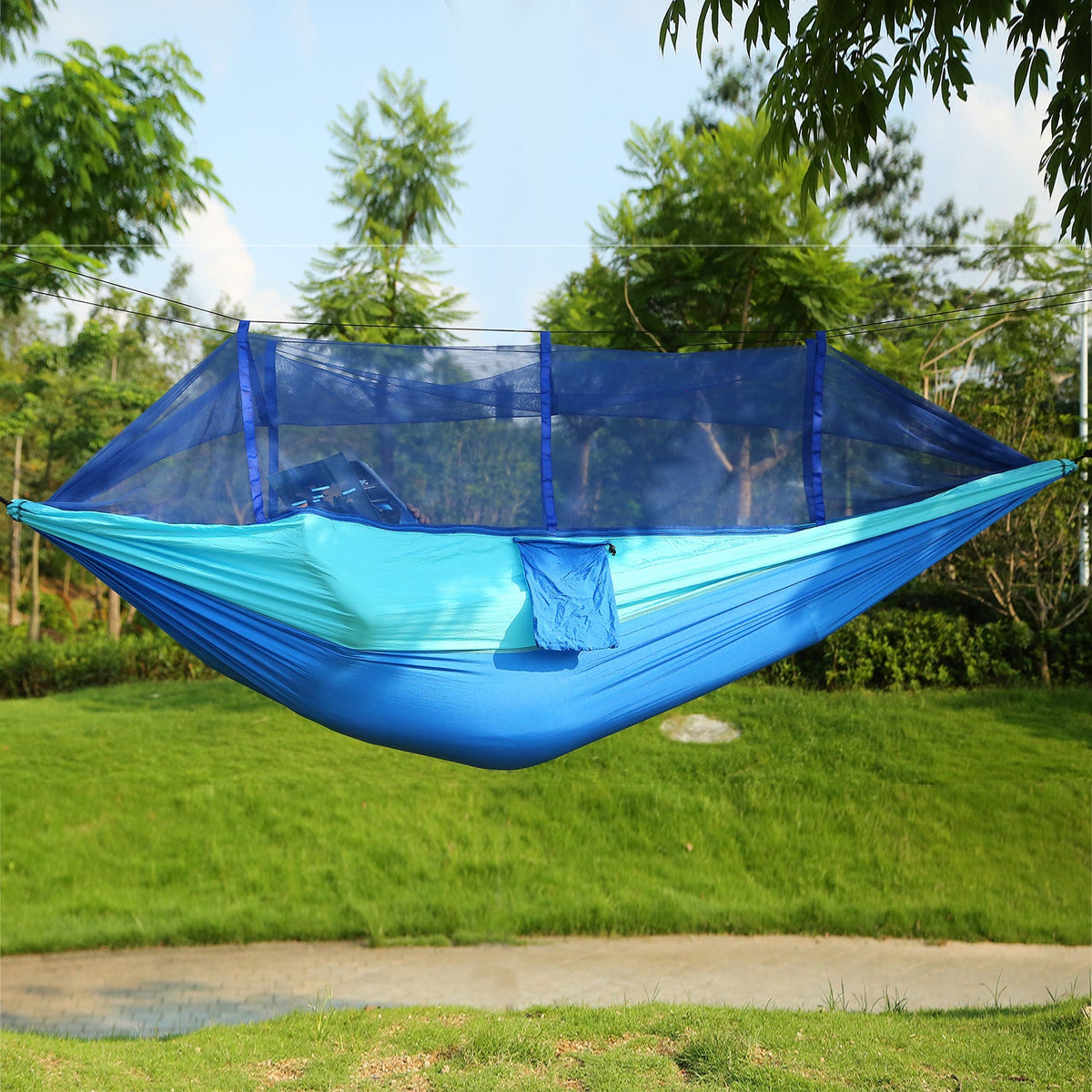 600lbs Load 2 Persons Hammock w/Mosquito Net Outdoor Hiking Camping Hommock Portable Nylon Swing Hanging Bed w/ Strap Hook Carry Bag
